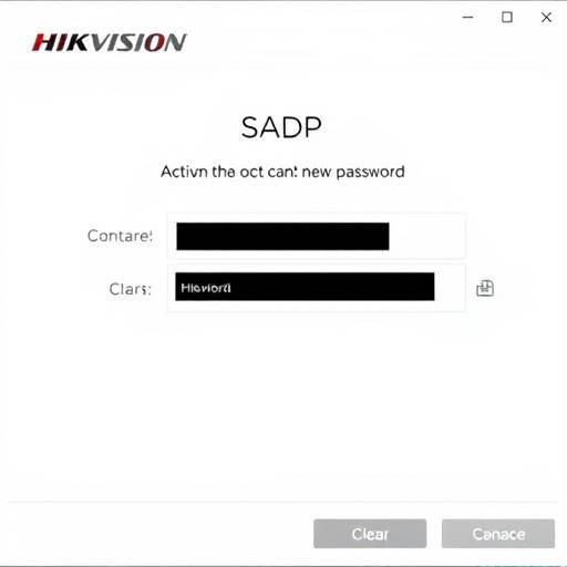 Screenshot showing the SADP tool's device activation screen, where a user sets a new password for a Hikvision device.